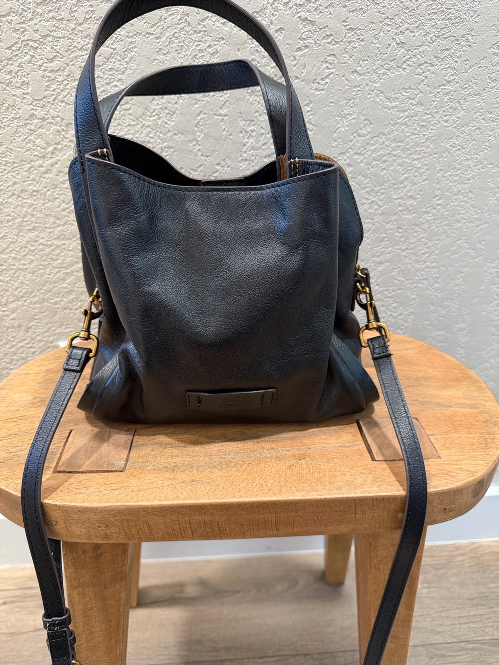 Black Leather Shoulder Tote with Detachable Strap